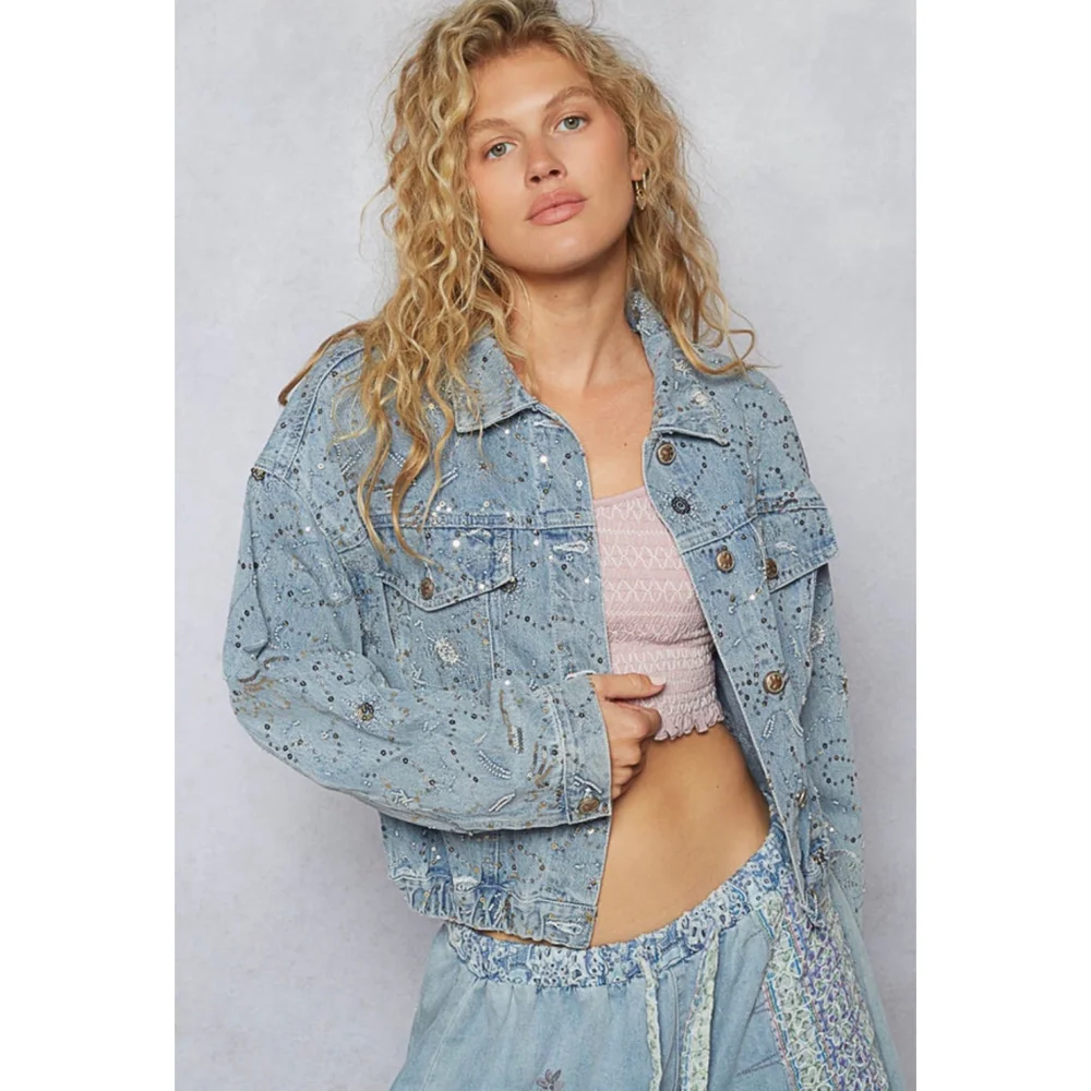 Women's Pol Light Blue Sequin Embellished Jean Jacket L - Picture 2 of 7